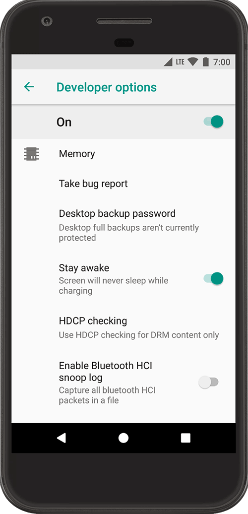 Android mobile operating system developer settings